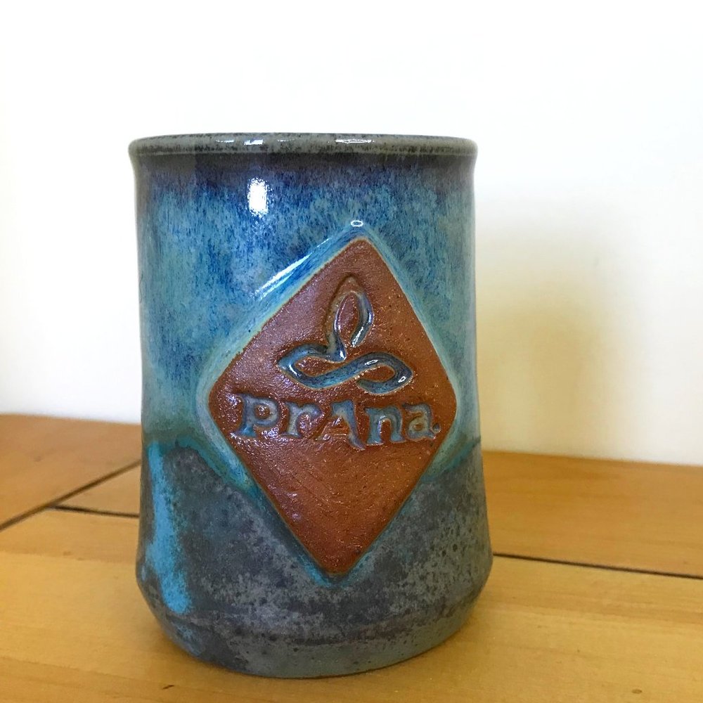 prAna Stoneware Pottery Mug Turquoise Aqua Drip Glaze 8oz Ceramic Tea Coffee Cup